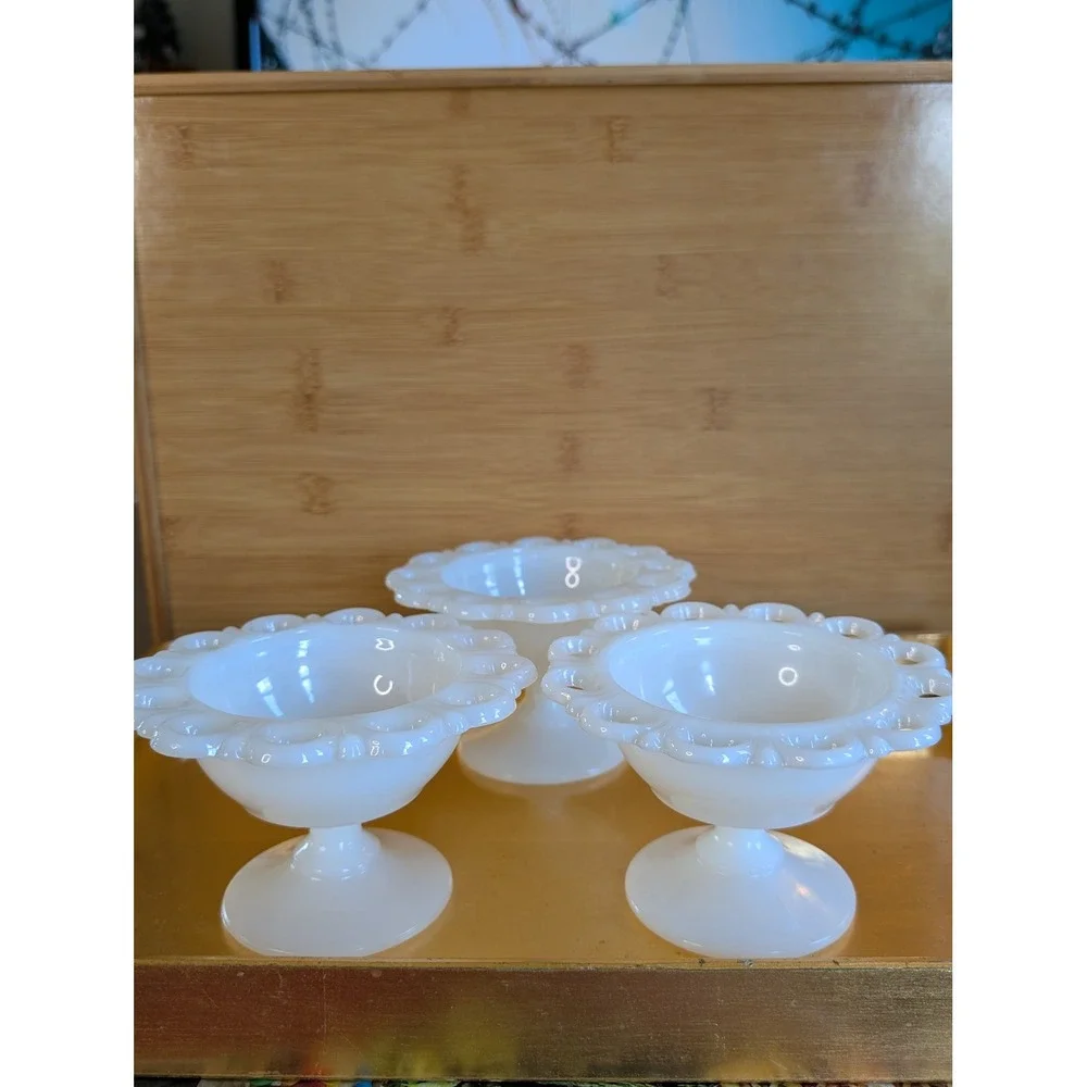 Lot of 3 Vintage Milk Glass Lace Edge Bowls AS IS Decor Wedding Shower Jewelry